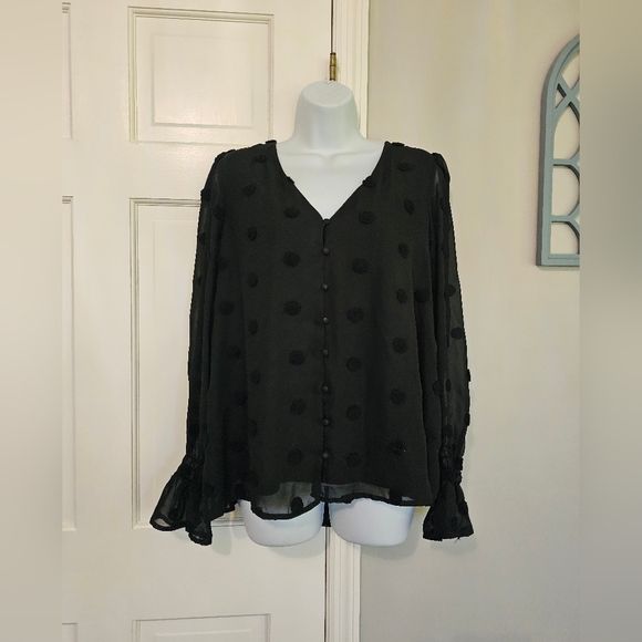 Blu Pepper Tops - Blu Pepper Black Sheer Blouse with Polka Dots